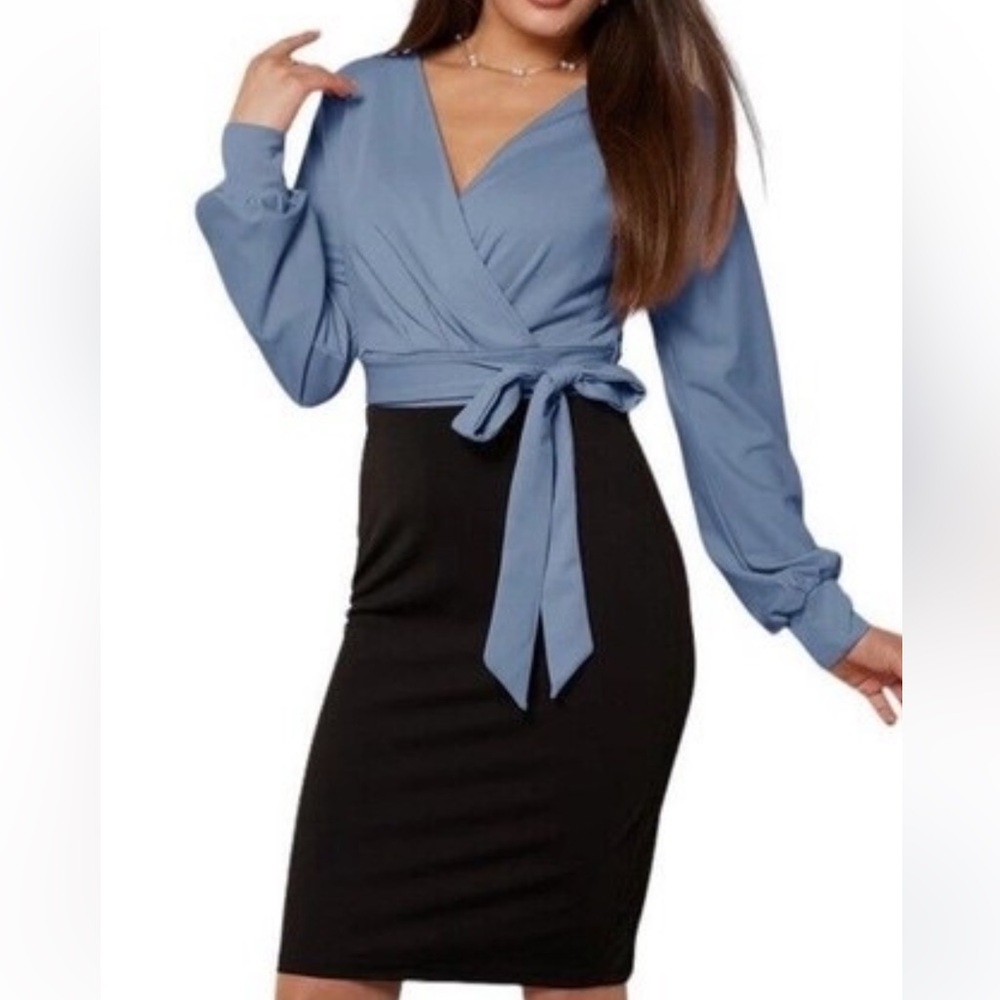 Grace Karin Dress Plus Size 2X Sheath Blue Black Colorblock Faux Wrap Tie NWT